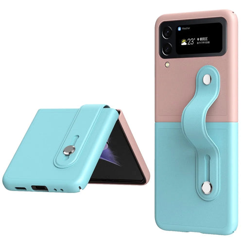 For Samsung Galaxy Z Flip4 5G PU Leather Coated PC Phone Case Wrist Band Kickstand Design Contrast Color Cover - Baby Blue / Pink - 1