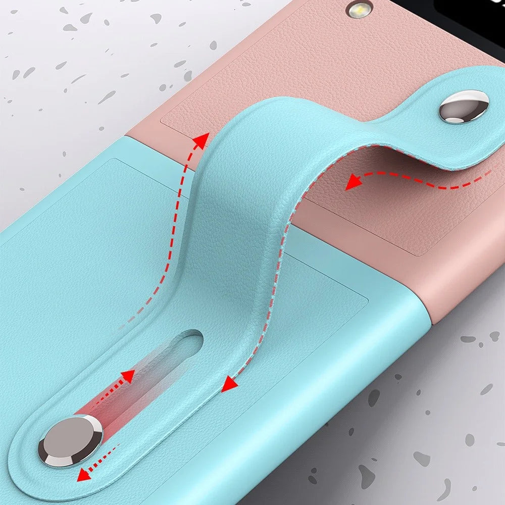 For Samsung Galaxy Z Flip4 5G PU Leather Coated PC Phone Case Wrist Band Kickstand Design Contrast Color Cover - Baby Blue / Pink - 3