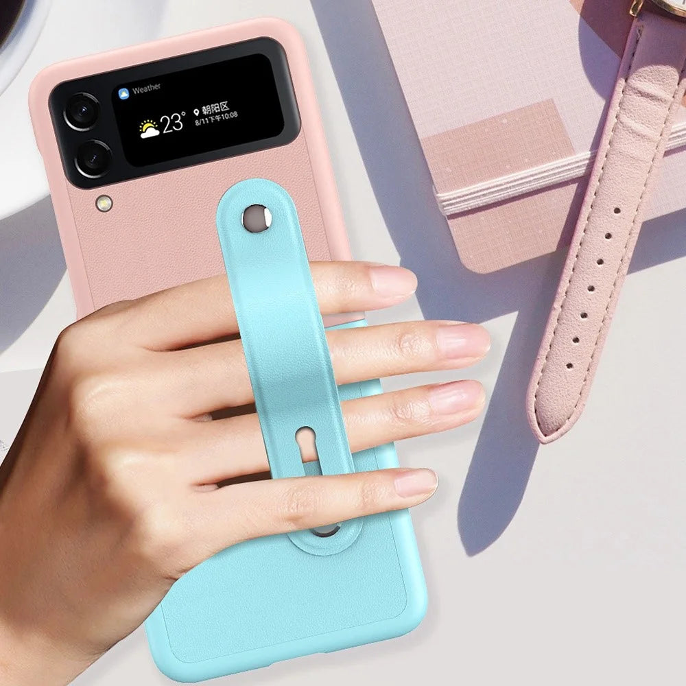For Samsung Galaxy Z Flip4 5G PU Leather Coated PC Phone Case Wrist Band Kickstand Design Contrast Color Cover - Baby Blue / Pink - 5