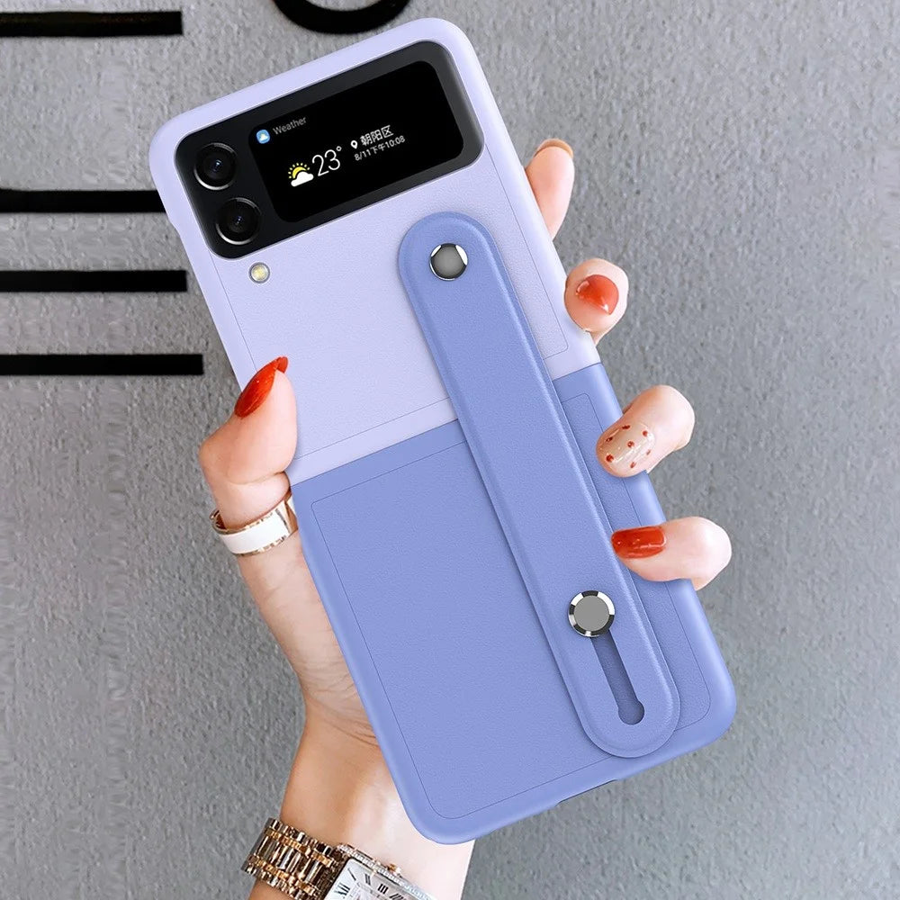 For Samsung Galaxy Z Flip4 5G PU Leather Coated PC Phone Case Wrist Band Kickstand Design Contrast Color Cover - Baby Blue / Pink - 6