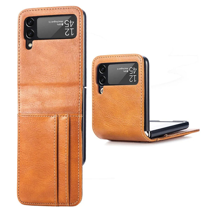 For Samsung Galaxy Z Flip4 5G Portable Wallet Phone Case PU Leather Coated Hard PC Cover Folding Phone Shell - Brown - 1