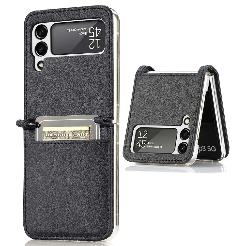 For Samsung Galaxy Z Flip4 5G Card Slot Design Ultra Thin Litchi Texture PU Leather Coating PC Protective Cover - Black - 1