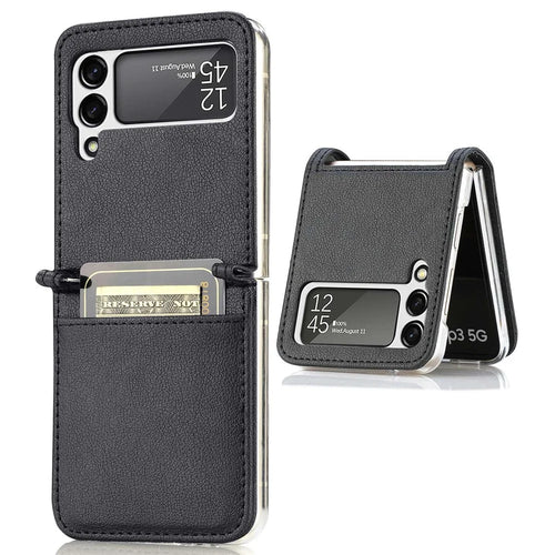 For Samsung Galaxy Z Flip4 5G Card Slot Design Ultra Thin Litchi Texture PU Leather Coating PC Protective Cover - Black - 1