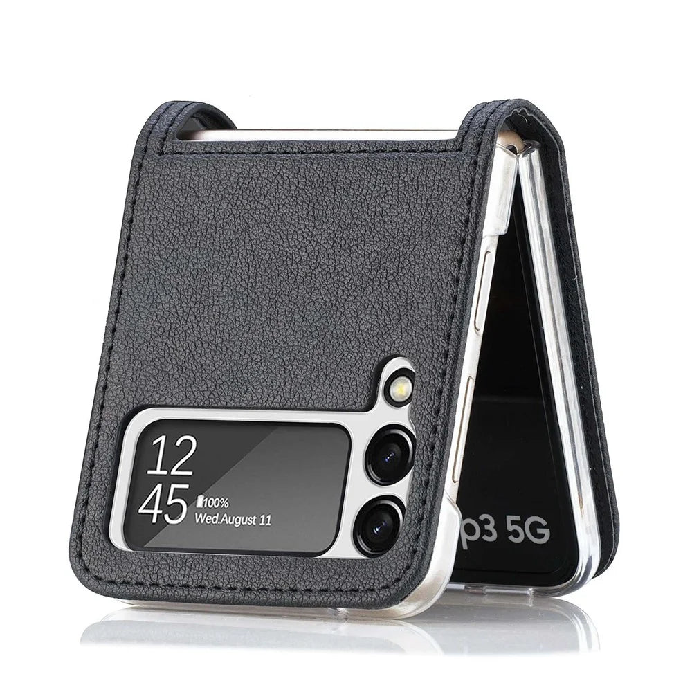 For Samsung Galaxy Z Flip4 5G Card Slot Design Ultra Thin Litchi Texture PU Leather Coating PC Protective Cover - Black - 5