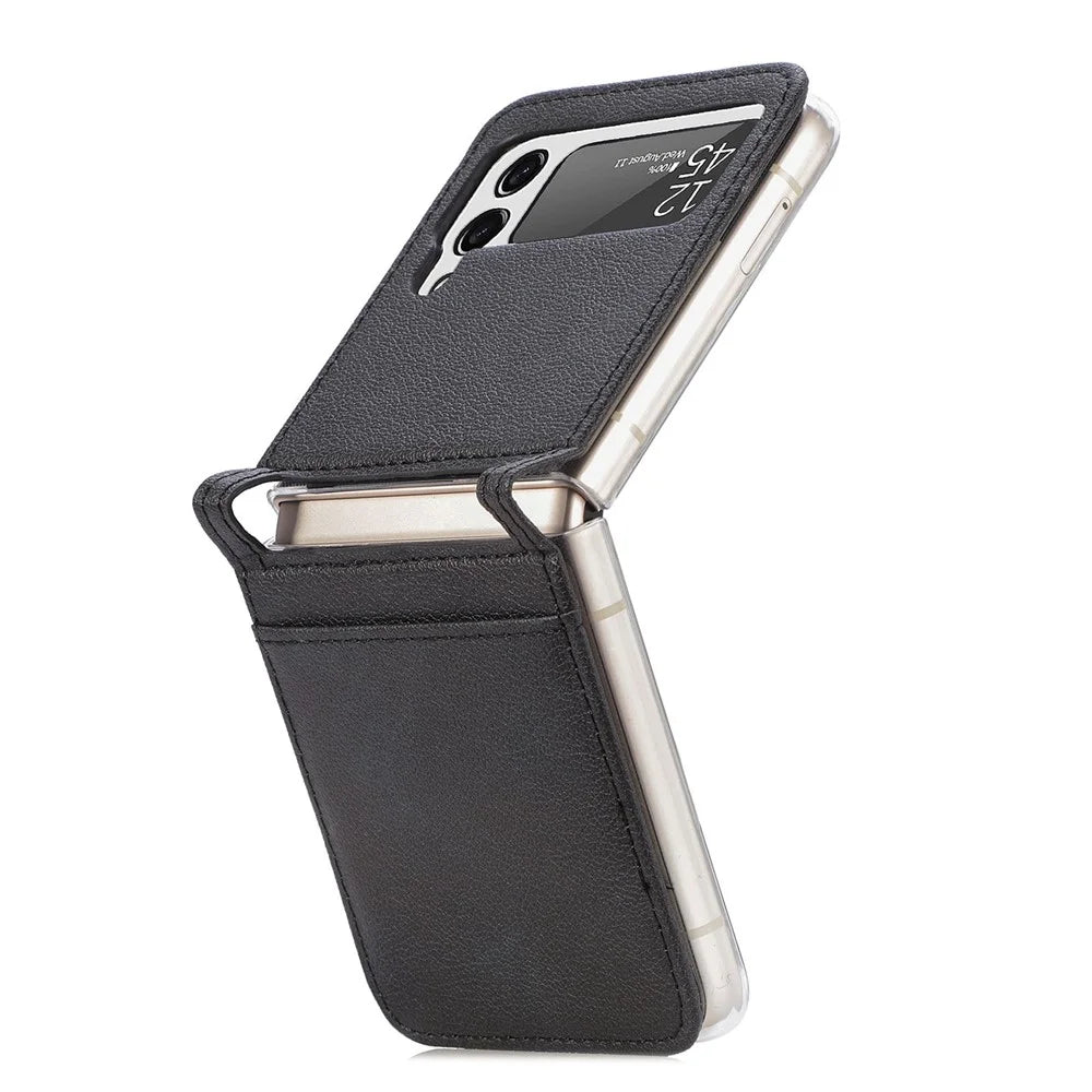 For Samsung Galaxy Z Flip4 5G Card Slot Design Ultra Thin Litchi Texture PU Leather Coating PC Protective Cover - Black - 7
