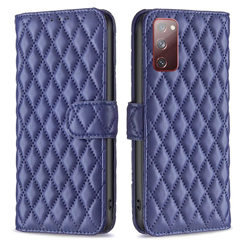 BINFEN COLOR For Samsung Galaxy S20 FE 4G / FE 5G / S20 Lite / S20 FE 2022 BF Style-14 Imprinted Rhombus Pattern PU Leather Wallet Cover Book Style Matte Phone Stand Case - Blue - 1