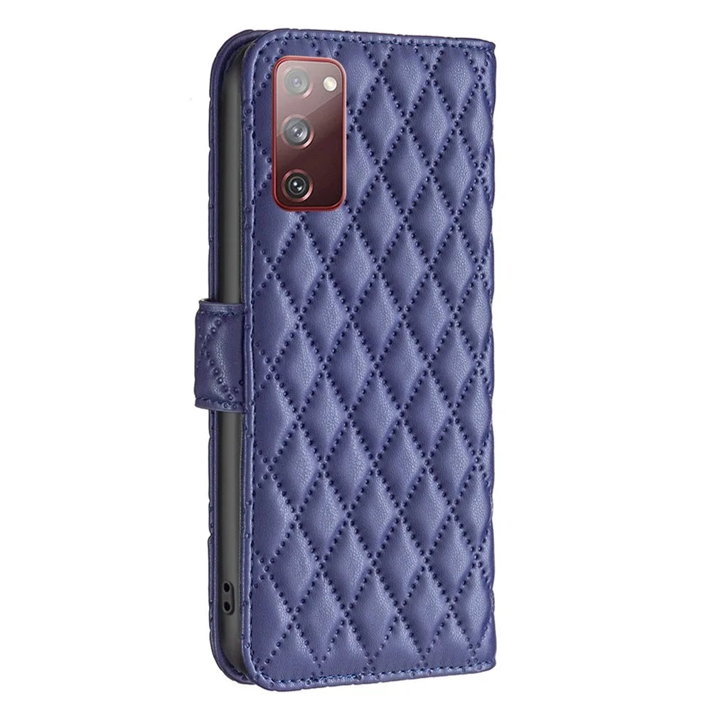 BINFEN COLOR For Samsung Galaxy S20 FE 4G / FE 5G / S20 Lite / S20 FE 2022 BF Style-14 Imprinted Rhombus Pattern PU Leather Wallet Cover Book Style Matte Phone Stand Case - Blue - 7