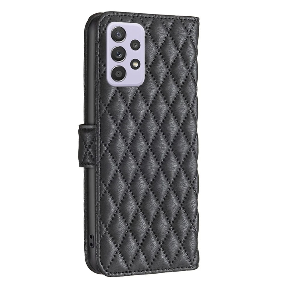BINFEN COLOR For Samsung Galaxy A52 4G / 5G / A52s 5G PU Leather Shell, BF Style-14 Imprinted Rhombus Pattern Wallet Cover Matte Phone Stand Case - Black - 7