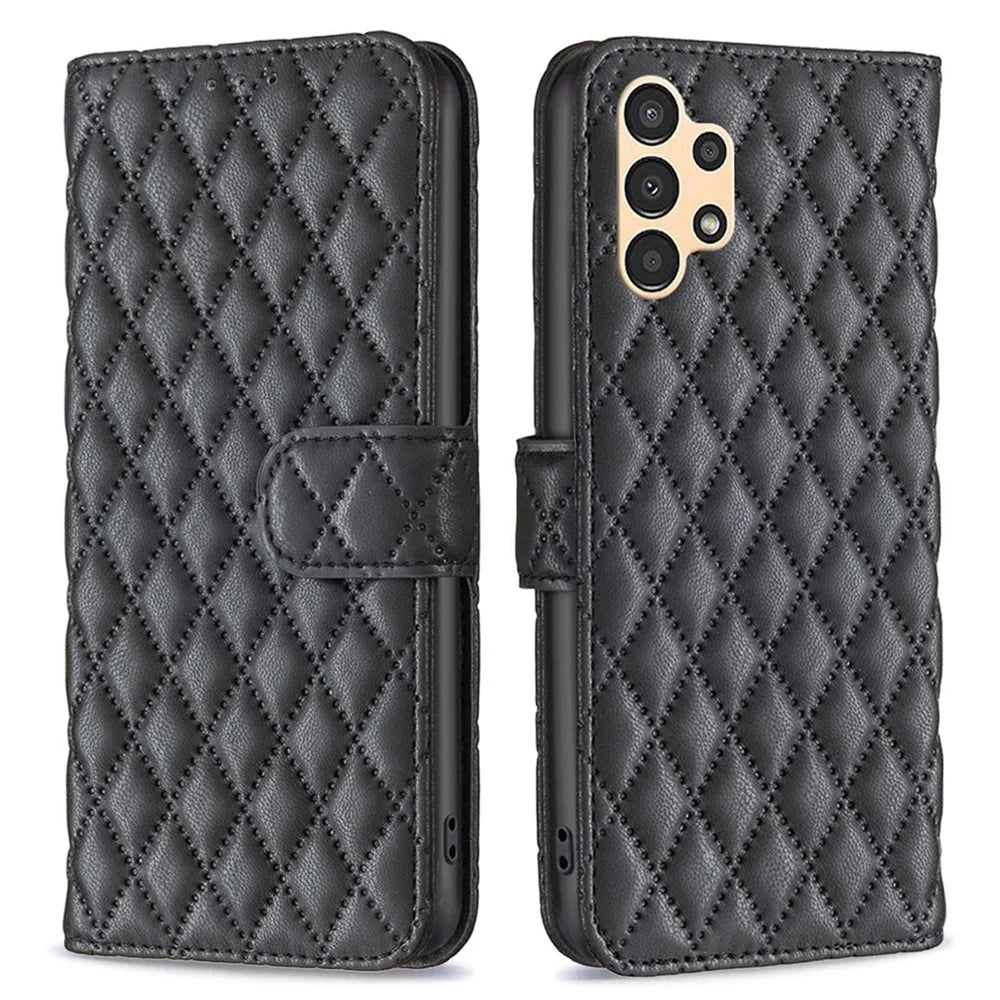 BINFEN COLOR For Samsung Galaxy A13 4G / 5G / A04s 4G (164.7mm) Wallet Cover Imprint Rhombus Pattern Stand Matte PU Leather Case - Black - 1