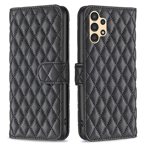 BINFEN COLOR For Samsung Galaxy A13 4G / 5G / A04s 4G (164.7mm) Wallet Cover Imprint Rhombus Pattern Stand Matte PU Leather Case - Black - 1