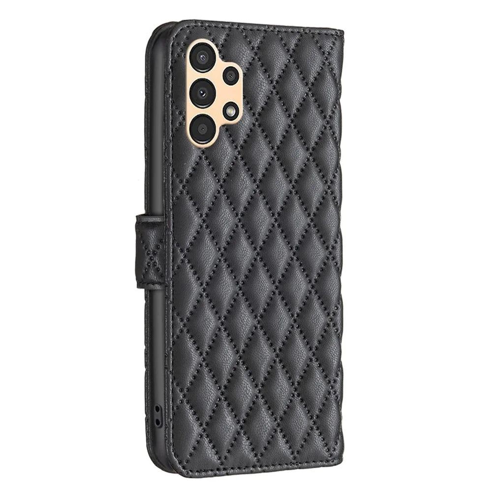BINFEN COLOR For Samsung Galaxy A13 4G / 5G / A04s 4G (164.7mm) Wallet Cover Imprint Rhombus Pattern Stand Matte PU Leather Case - Black - 7