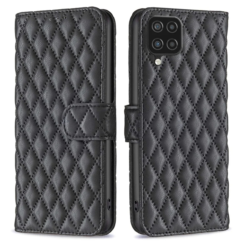 BINFEN COLOR For Samsung Galaxy A12 4G Wallet Cover, BF Style-14 Drop Resistant Imprinted Rhombus Pattern Stand Matte PU Leather Case - Black - 1