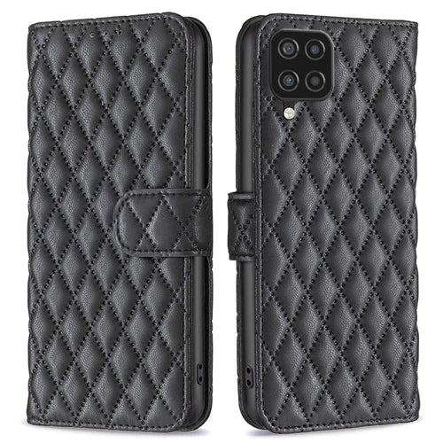 BINFEN COLOR For Samsung Galaxy A12 4G Wallet Cover, BF Style-14 Drop Resistant Imprinted Rhombus Pattern Stand Matte PU Leather Case - Black - 1