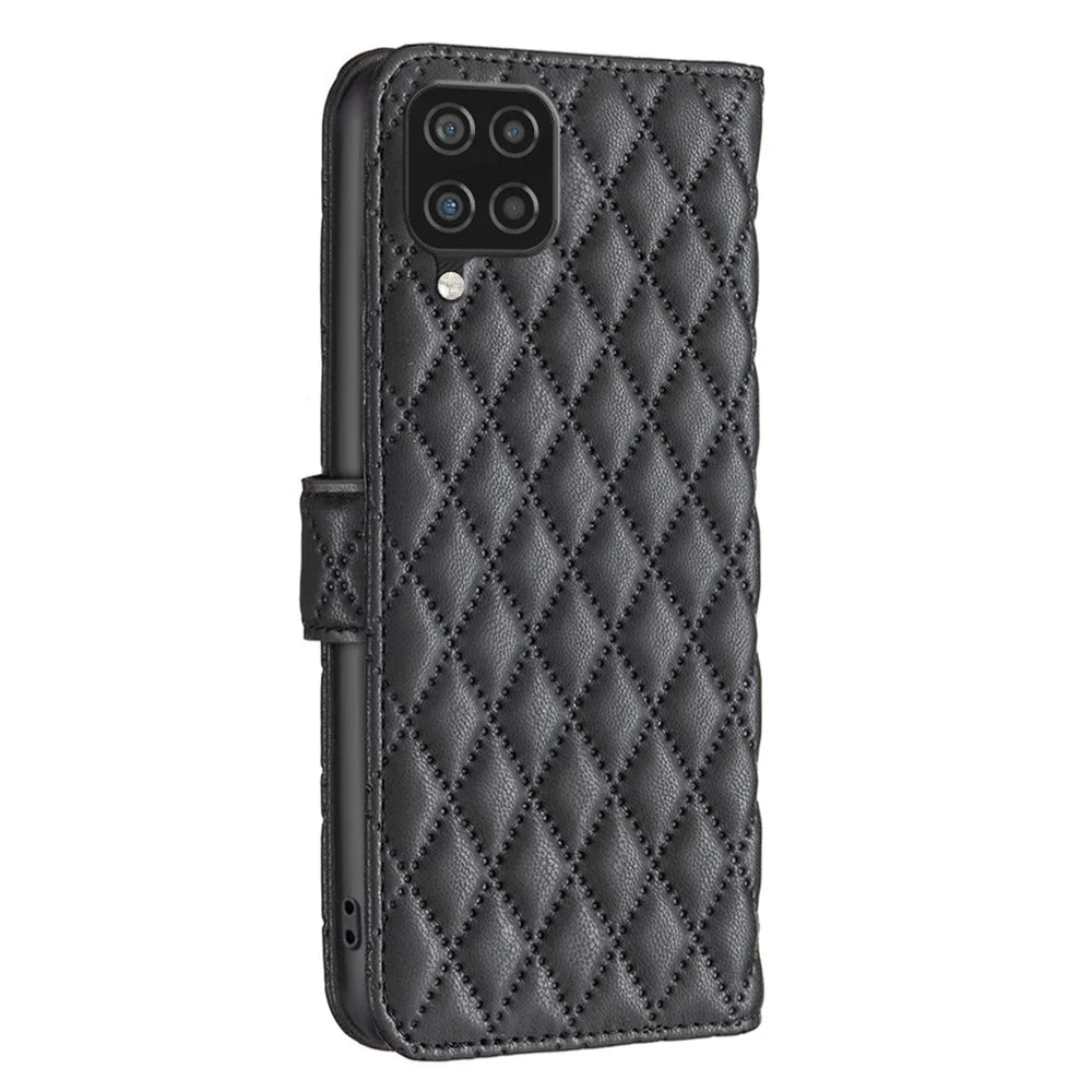 BINFEN COLOR For Samsung Galaxy A12 4G Wallet Cover, BF Style-14 Drop Resistant Imprinted Rhombus Pattern Stand Matte PU Leather Case - Black - 7