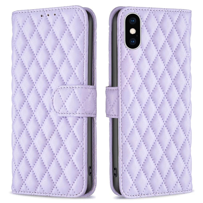 BINFEN COLOR For iPhone XS Max 6.5 inch Wallet Cover, BF Style-14 Imprinted Rhombus Pattern Overall Coverage Stand Matte PU Leather Case - Purple - 1