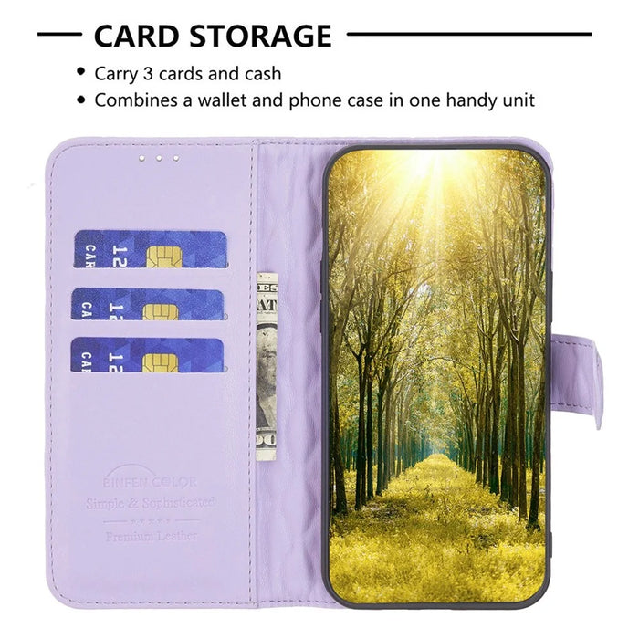 BINFEN COLOR For iPhone XS Max 6.5 inch Wallet Cover, BF Style-14 Imprinted Rhombus Pattern Overall Coverage Stand Matte PU Leather Case - Purple - 3