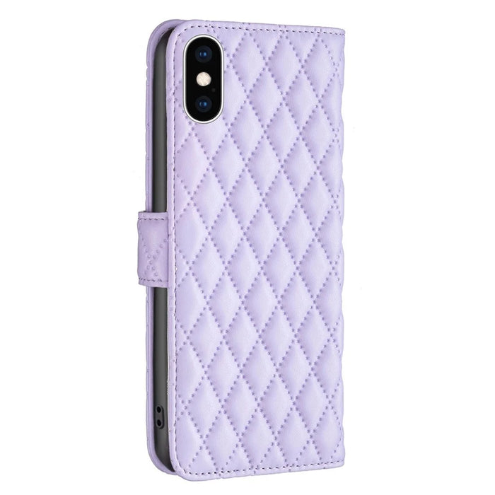 BINFEN COLOR For iPhone XS Max 6.5 inch Wallet Cover, BF Style-14 Imprinted Rhombus Pattern Overall Coverage Stand Matte PU Leather Case - Purple - 7
