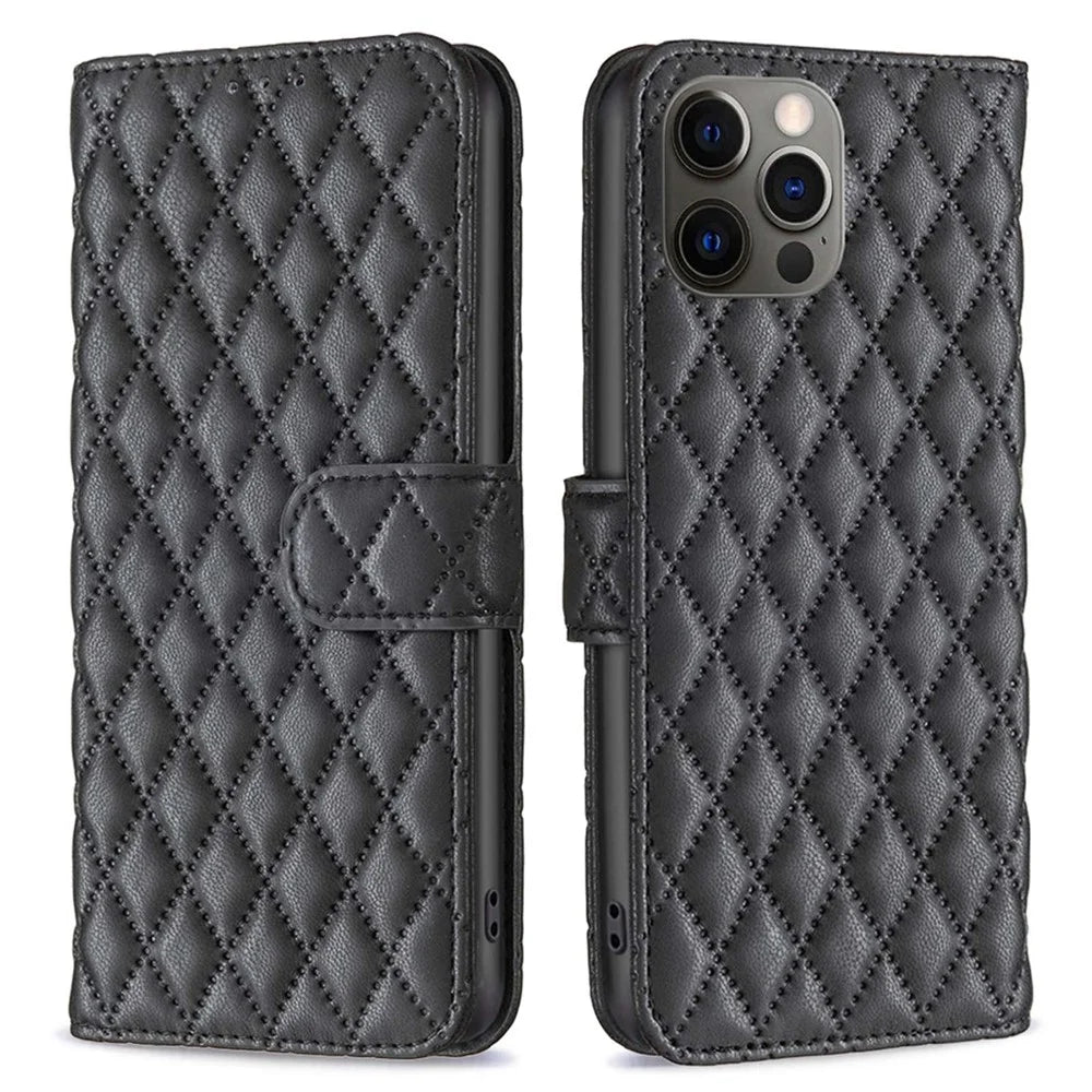 BINFEN COLOR For iPhone 12 Pro 6.1 inch BF Style-14 Imprinted Rhombus Pattern Leather Wallet Case with Credit Card Holder Flip Folio Book Magnetic PU Phone Cover - Black - 1