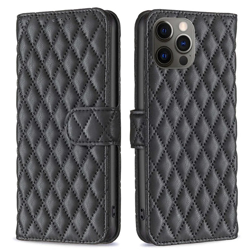 BINFEN COLOR For iPhone 12 Pro 6.1 inch BF Style-14 Imprinted Rhombus Pattern Leather Wallet Case with Credit Card Holder Flip Folio Book Magnetic PU Phone Cover - Black - 1