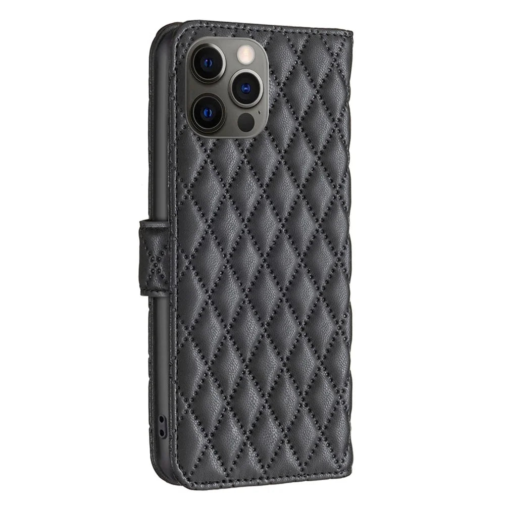 BINFEN COLOR For iPhone 12 Pro 6.1 inch BF Style-14 Imprinted Rhombus Pattern Leather Wallet Case with Credit Card Holder Flip Folio Book Magnetic PU Phone Cover - Black - 7