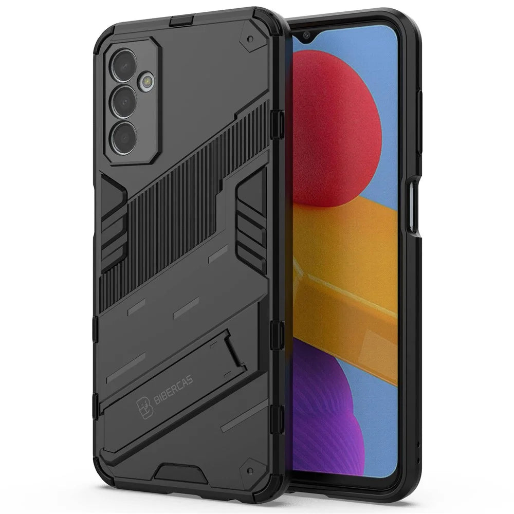 For Samsung Galaxy M13 4G Kickstand Protective Phone Case Drop-proof Hard PC Soft TPU Hybrid Cover - Black - 1
