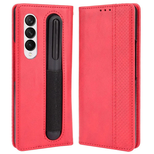 For Samsung Galaxy Z Fold4 5G Phone Case Retro Textured Shockproof Cover Leather Phone Case with Pen Slot - Red - 1