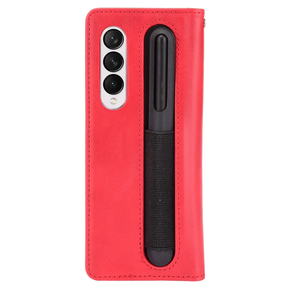 For Samsung Galaxy Z Fold4 5G Phone Case Retro Textured Shockproof Cover Leather Phone Case with Pen Slot - Red - 5