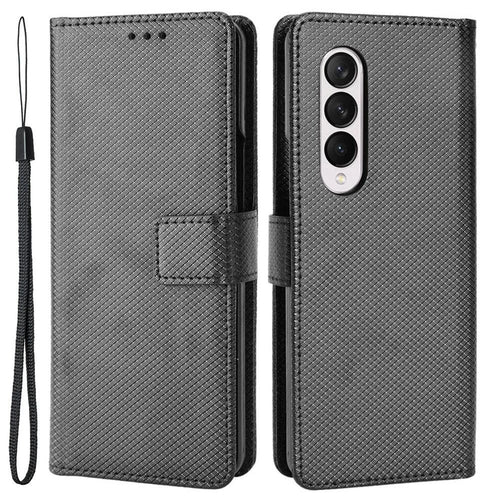 For Samsung Galaxy Z Fold4 5G Wallet Phone Case Diamond Texture Stand PU Leather Protective Folio Flip Cover - Black - 1