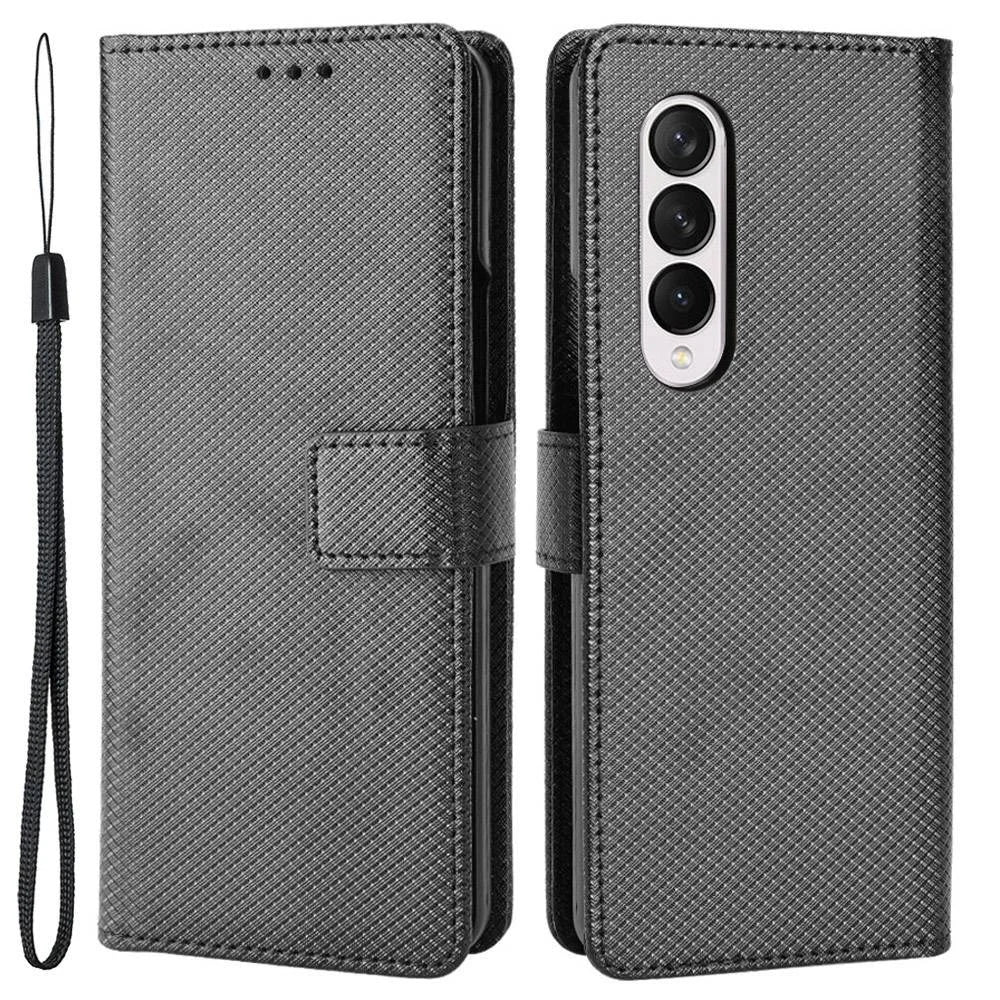 For Samsung Galaxy Z Fold4 5G Wallet Phone Case Diamond Texture Stand PU Leather Protective Folio Flip Cover - Black - 1