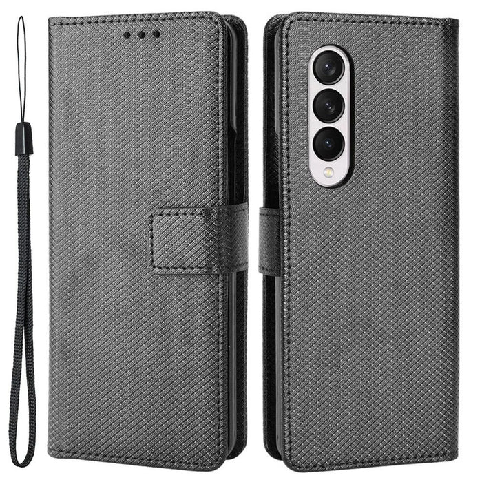 For Samsung Galaxy Z Fold4 5G Wallet Phone Case Diamond Texture Stand PU Leather Protective Folio Flip Cover - Black - 1