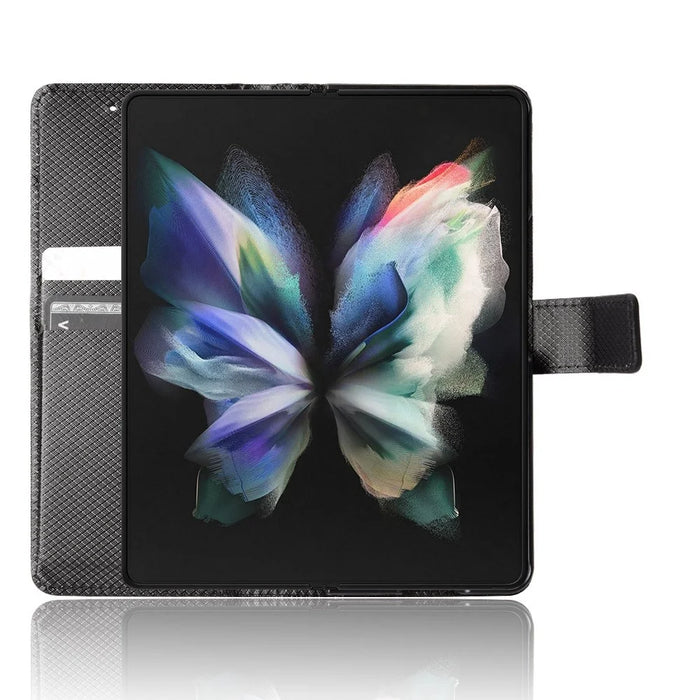 For Samsung Galaxy Z Fold4 5G Wallet Phone Case Diamond Texture Stand PU Leather Protective Folio Flip Cover - Black - 2