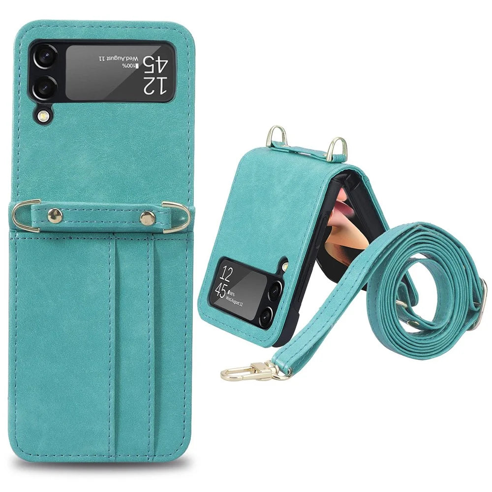 For Samsung Galaxy Z Flip4 5G Phone Cover with One-piece Design Anti-scratch PU Leather + PC Mobile Phone Case with Long Lanyard Card Holder - Green - 1