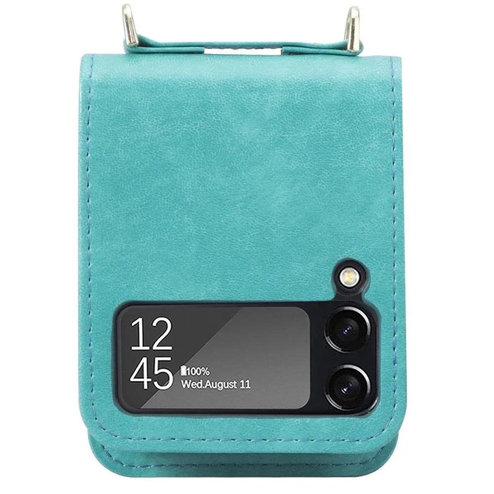 For Samsung Galaxy Z Flip4 5G Phone Cover with One-piece Design Anti-scratch PU Leather + PC Mobile Phone Case with Long Lanyard Card Holder - Green - 2