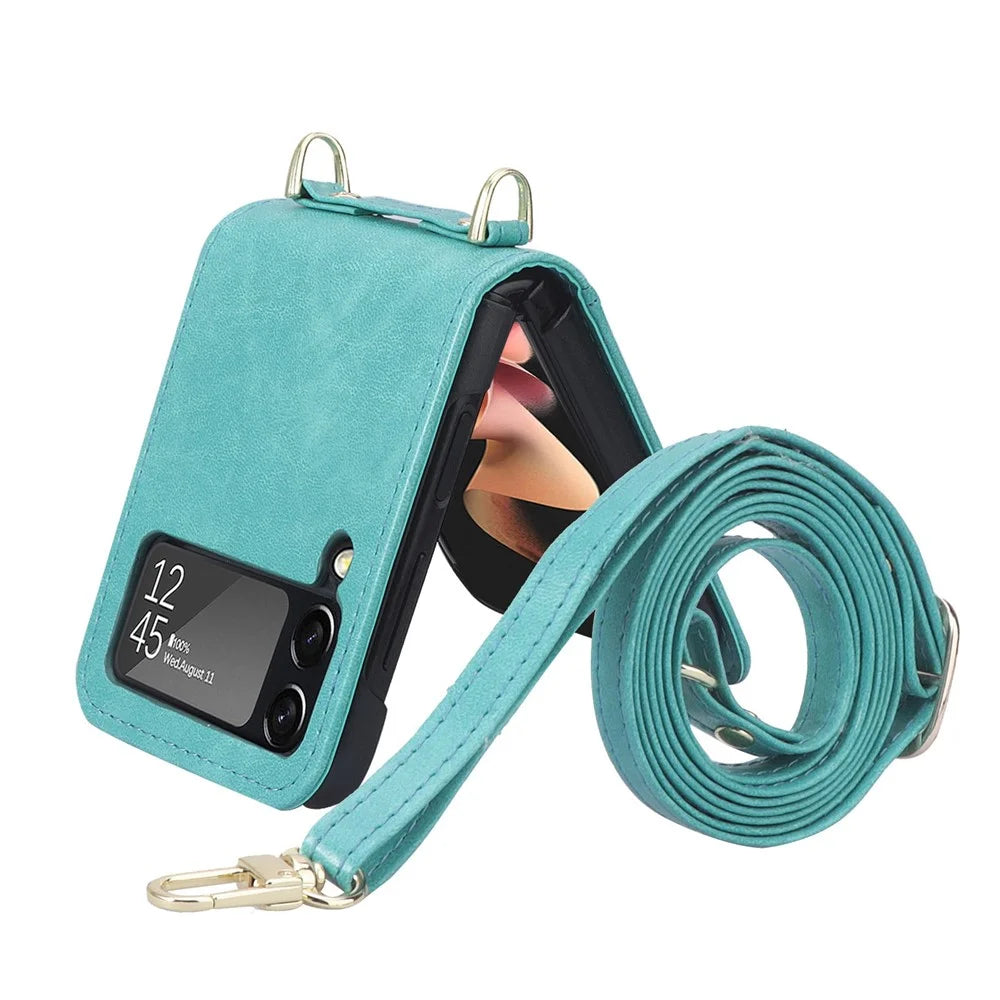 For Samsung Galaxy Z Flip4 5G Phone Cover with One-piece Design Anti-scratch PU Leather + PC Mobile Phone Case with Long Lanyard Card Holder - Green - 4