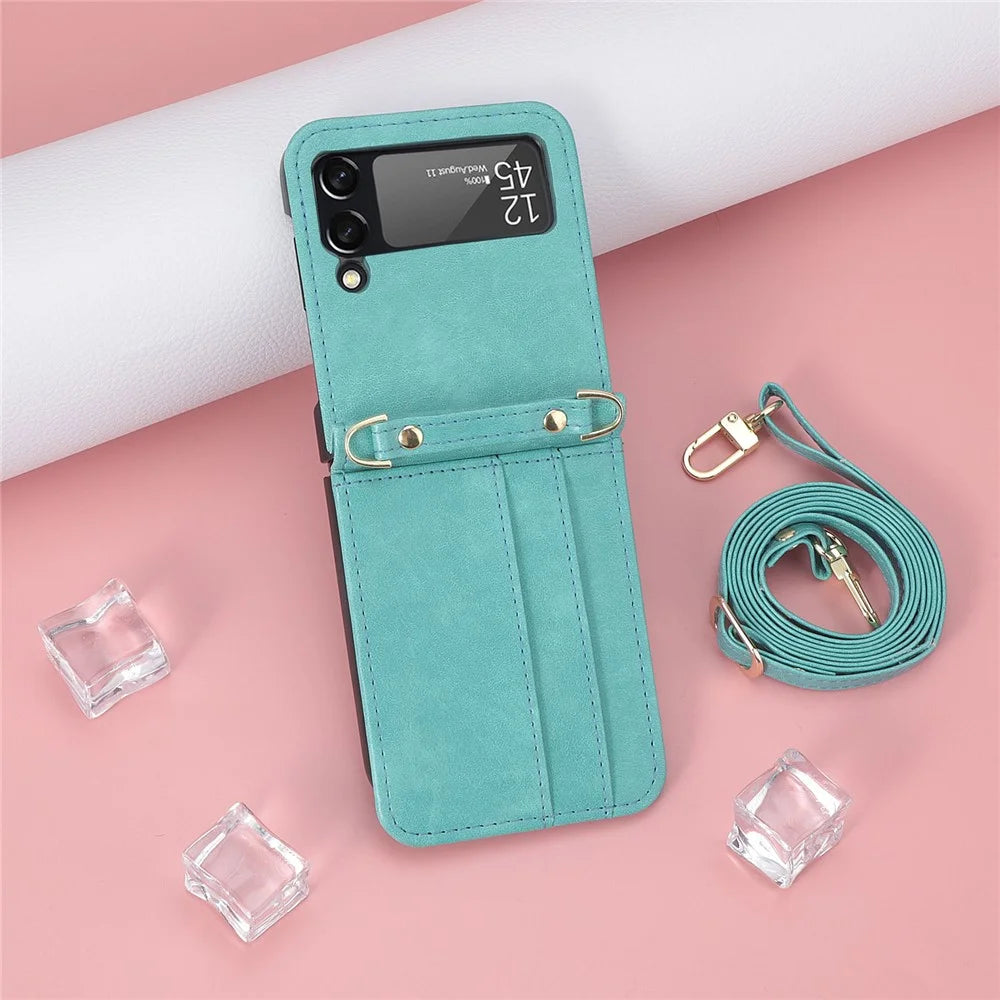 For Samsung Galaxy Z Flip4 5G Phone Cover with One-piece Design Anti-scratch PU Leather + PC Mobile Phone Case with Long Lanyard Card Holder - Green - 6