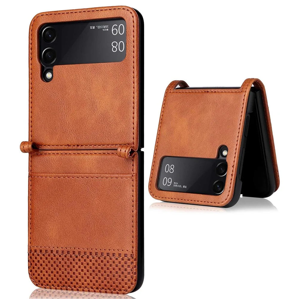 For Samsung Galaxy Z Flip4 5G Anti-fall Phone Cover Vintage Texture One-Piece Design PU Leather Coated PC Phone Case Shell with Card Slot - Brown - 1