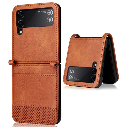 For Samsung Galaxy Z Flip4 5G Anti-fall Phone Cover Vintage Texture One-Piece Design PU Leather Coated PC Phone Case Shell with Card Slot - Brown - 1