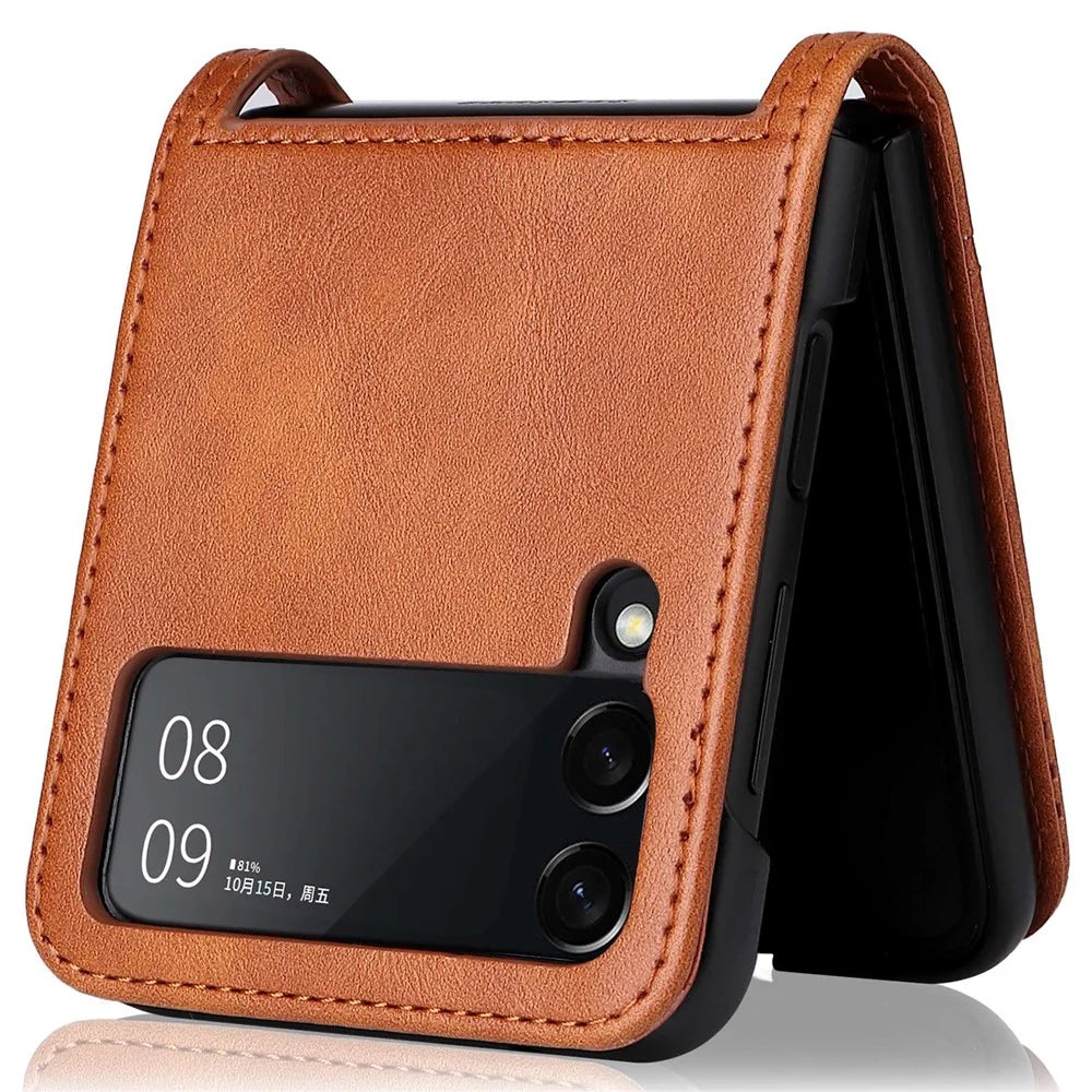For Samsung Galaxy Z Flip4 5G Anti-fall Phone Cover Vintage Texture One-Piece Design PU Leather Coated PC Phone Case Shell with Card Slot - Brown - 4