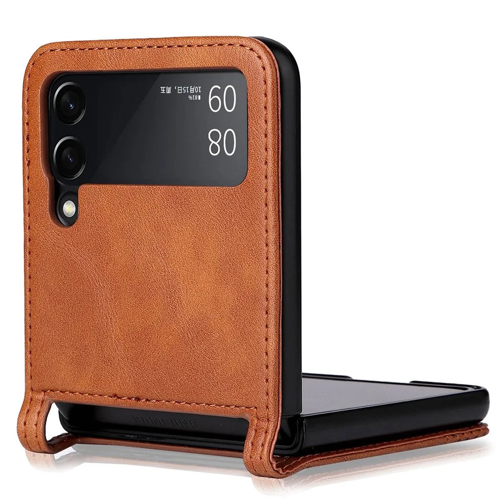 For Samsung Galaxy Z Flip4 5G Anti-fall Phone Cover Vintage Texture One-Piece Design PU Leather Coated PC Phone Case Shell with Card Slot - Brown - 6