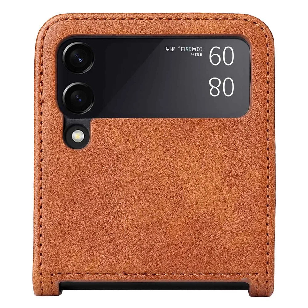 For Samsung Galaxy Z Flip4 5G Anti-fall Phone Cover Vintage Texture One-Piece Design PU Leather Coated PC Phone Case Shell with Card Slot - Brown - 7