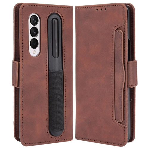 For Samsung Galaxy Z Fold4 5G Well-Protected Anti-Fall Pen Slot Phone Case PU Leather + TPU Phone Cover Multiple Card Slot Wallet Stand Design - Brown - 1