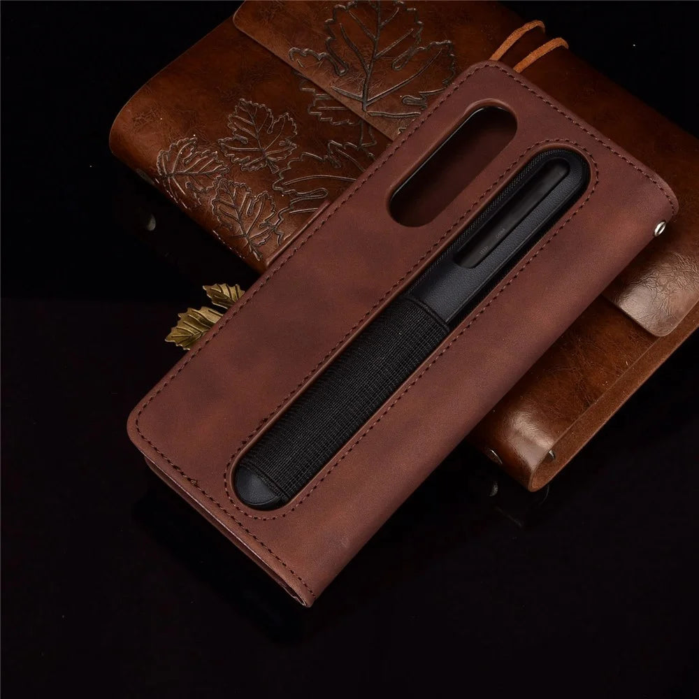 For Samsung Galaxy Z Fold4 5G Well-Protected Anti-Fall Pen Slot Phone Case PU Leather + TPU Phone Cover Multiple Card Slot Wallet Stand Design - Brown - 3