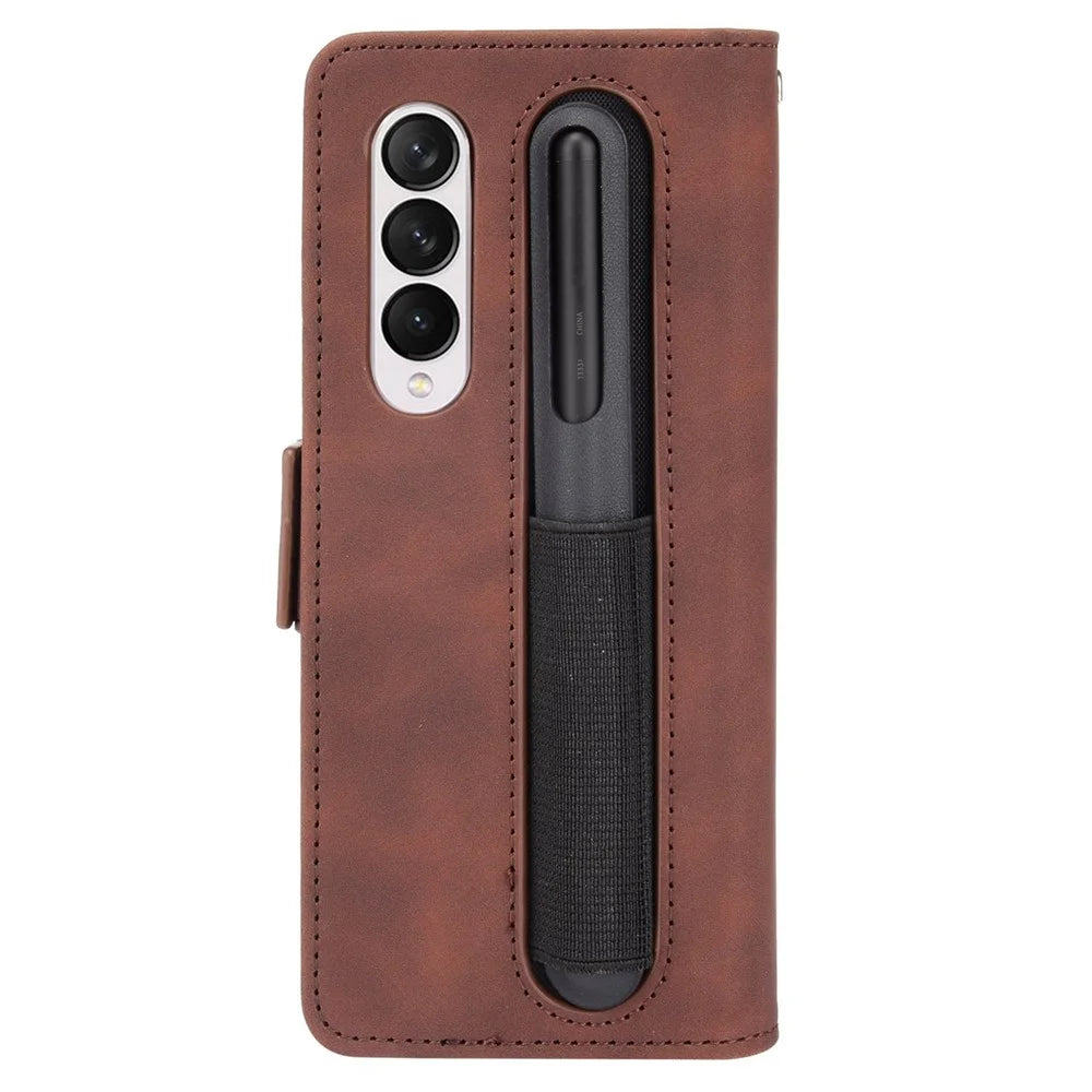 For Samsung Galaxy Z Fold4 5G Well-Protected Anti-Fall Pen Slot Phone Case PU Leather + TPU Phone Cover Multiple Card Slot Wallet Stand Design - Brown - 6