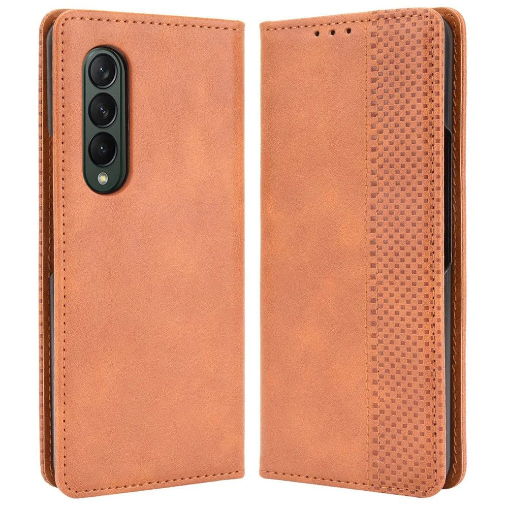 For Samsung Galaxy Z Fold4 5G Shockproof Retro Texture Phone Flip Leather Case Wallet Stand Magnetic Auto Closure Wear-resistant Phone Cover - Brown - 1