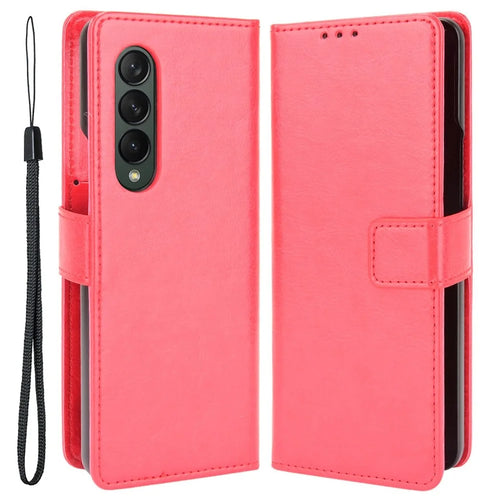 PU Leather Phone Case for Samsung Galaxy Z Fold4 5G, Crazy Horse Texture Folio Flip Cover with Stand / Card Slot - Red - 1