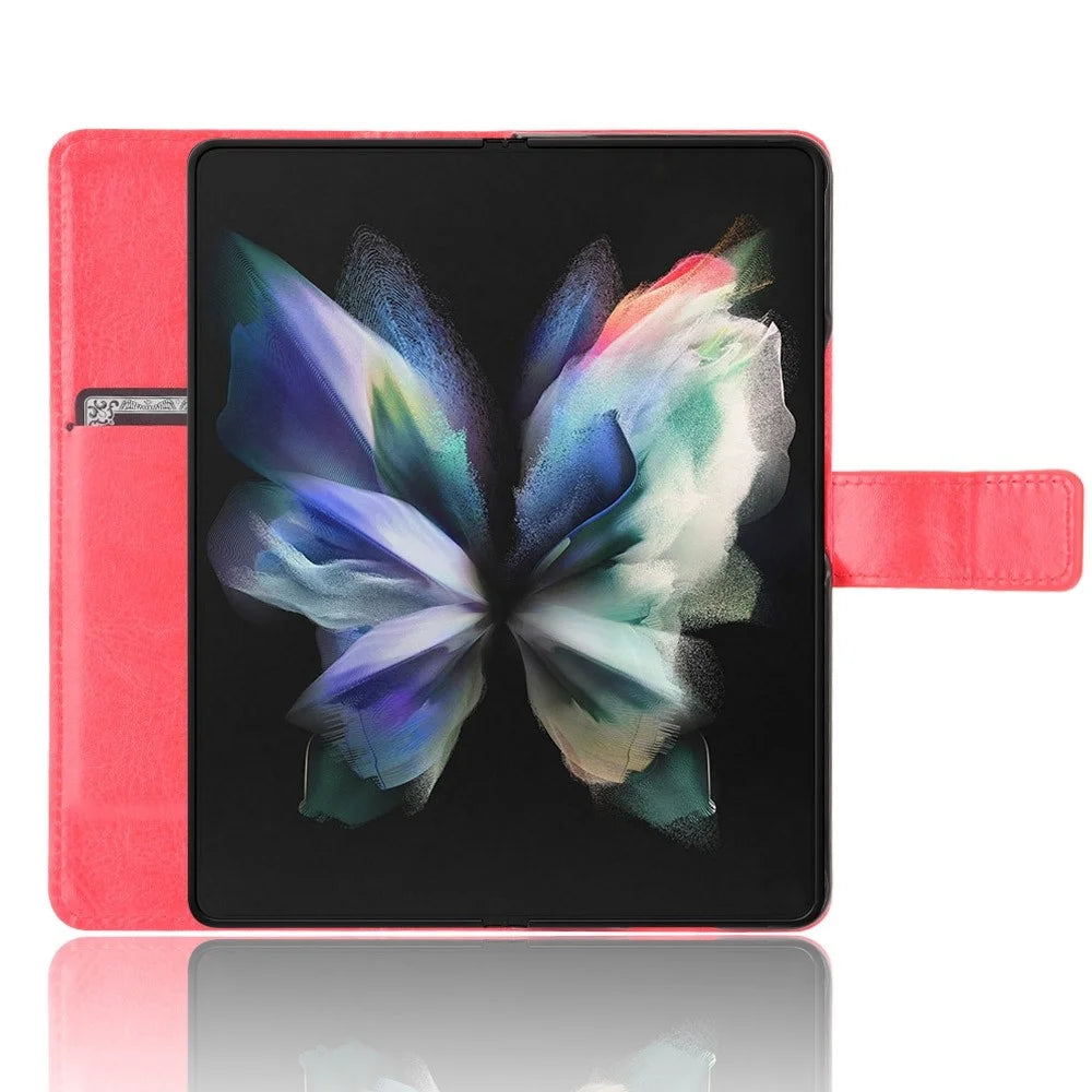 PU Leather Phone Case for Samsung Galaxy Z Fold4 5G, Crazy Horse Texture Folio Flip Cover with Stand / Card Slot - Red - 2
