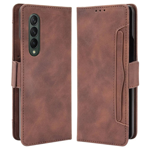 Multiple Card Slots Phone Case for Samsung Galaxy Z Fold4 5G, PU Leather Folio Flip Cover with Wallet / Stand - Brown - 1