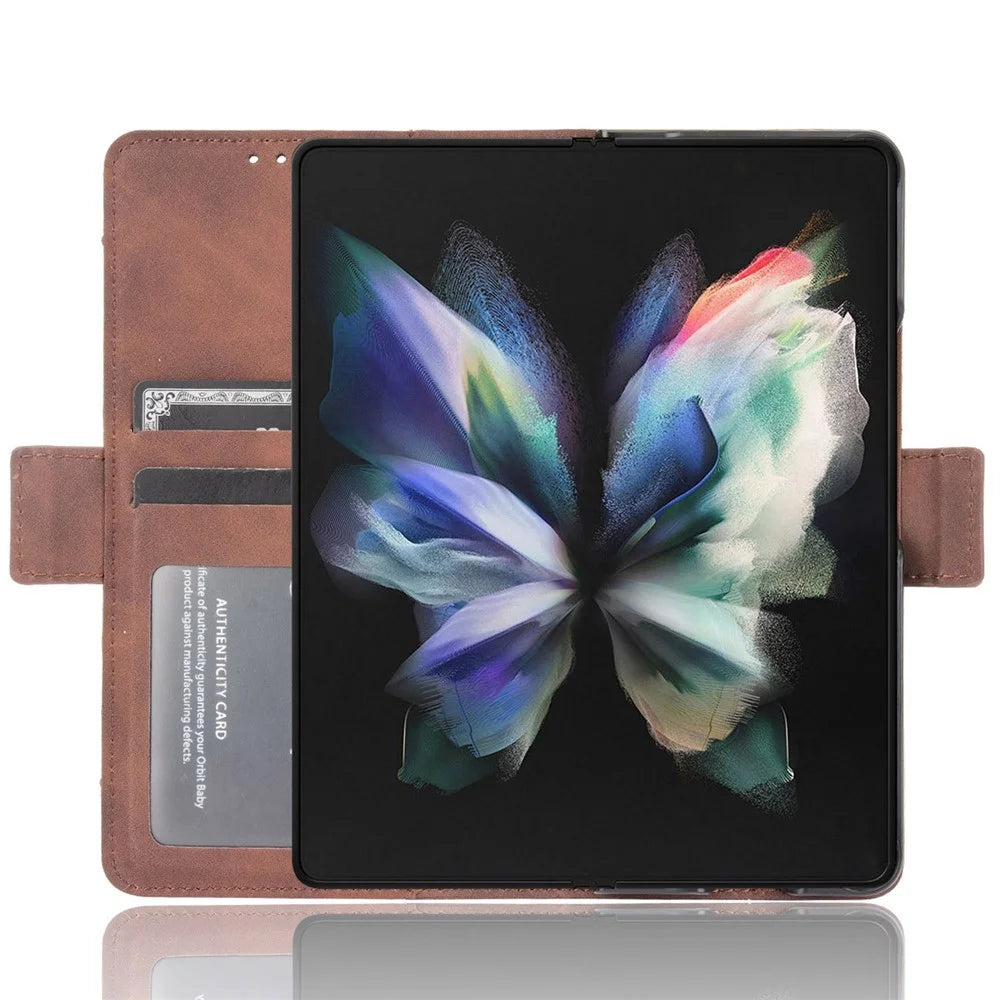 Multiple Card Slots Phone Case for Samsung Galaxy Z Fold4 5G, PU Leather Folio Flip Cover with Wallet / Stand - Brown - 2