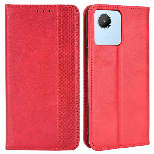 For Realme C30 4G Anti-fingerprint Retro PU Leather Wallet Case Stand Function Flip Auto Closing Magnetic Cover - Red - 1