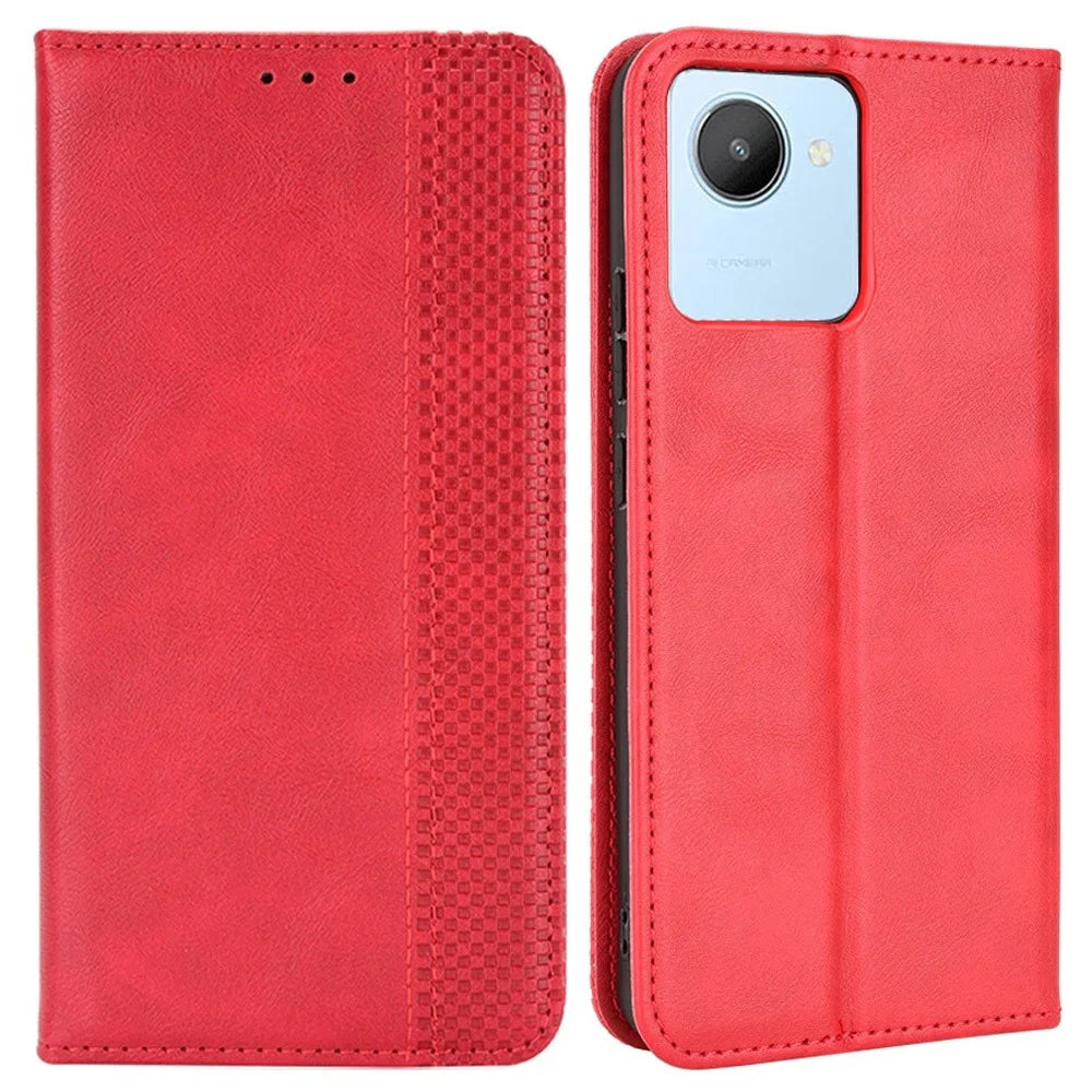 For Realme C30 4G Anti-fingerprint Retro PU Leather Wallet Case Stand Function Flip Auto Closing Magnetic Cover - Red - 1
